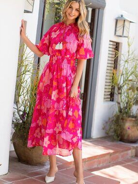 New THML Floral Midi Puff Sleeve Tiered Dress in Fuchsia Sz M